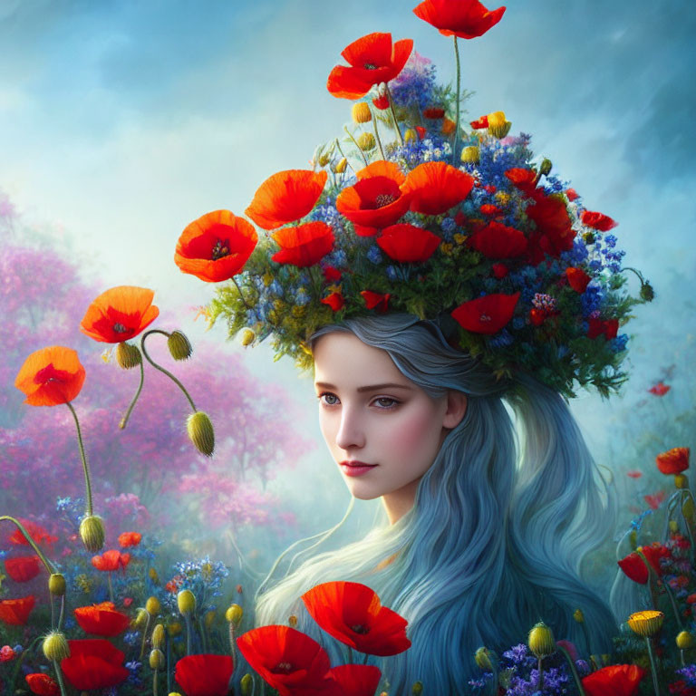 Woman with Blue Hair and Floral Crown on Soft Background