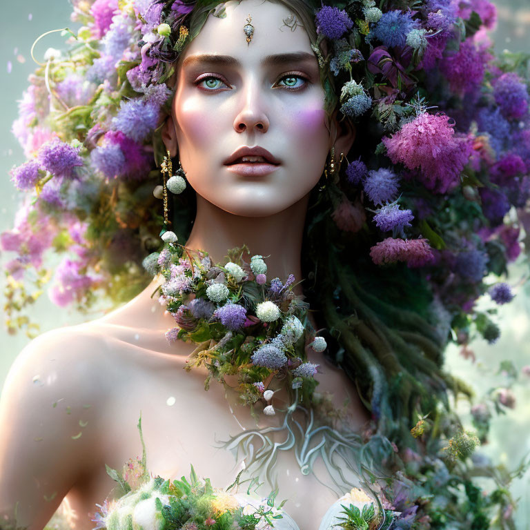 Portrait of woman with floral headdress and intricate jewelry and patterns