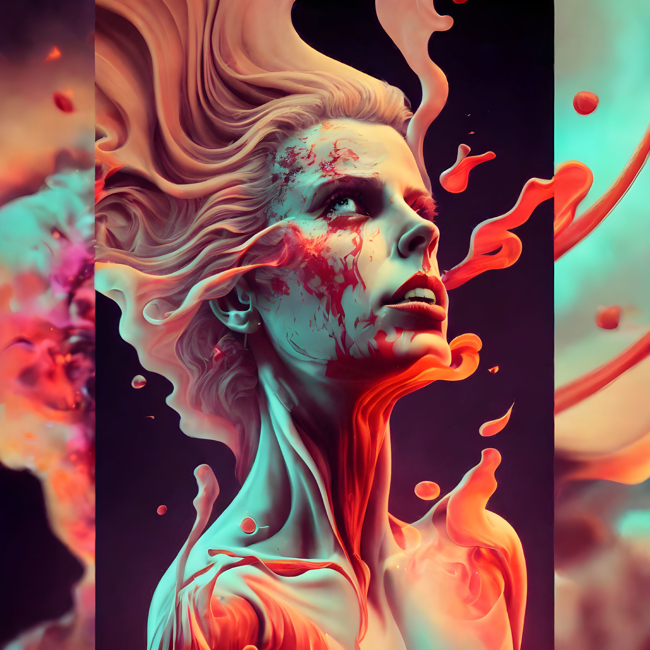 Vibrant digital artwork: Woman with flowing hair and abstract red-orange swirls