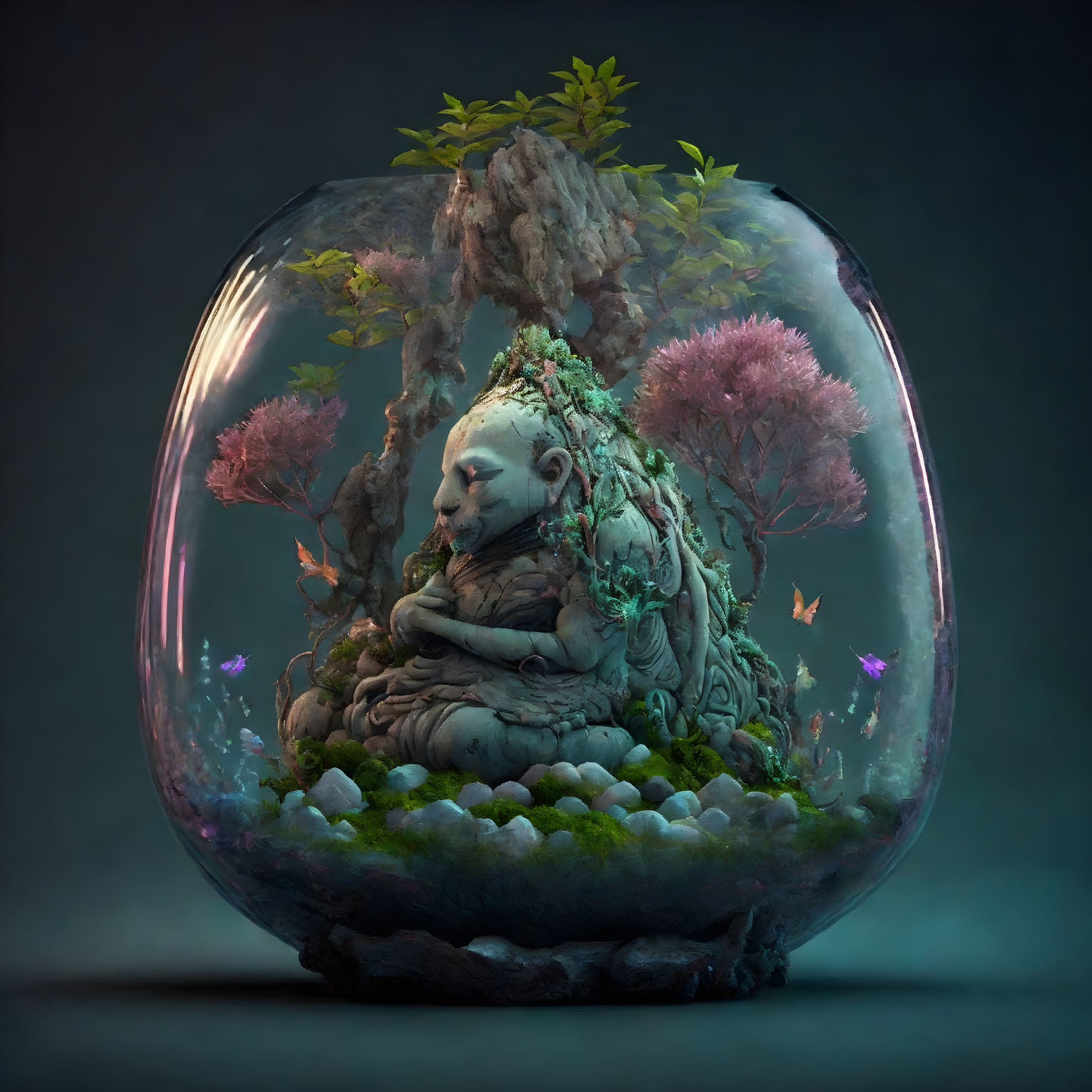 Tranquil terrarium with Buddha statue, pink trees, and floating butterflies