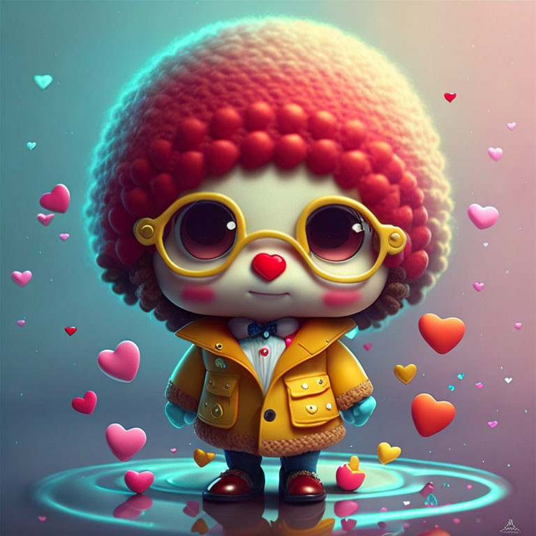 Animated character with large afro, heart glasses, yellow jacket, surrounded by hearts.