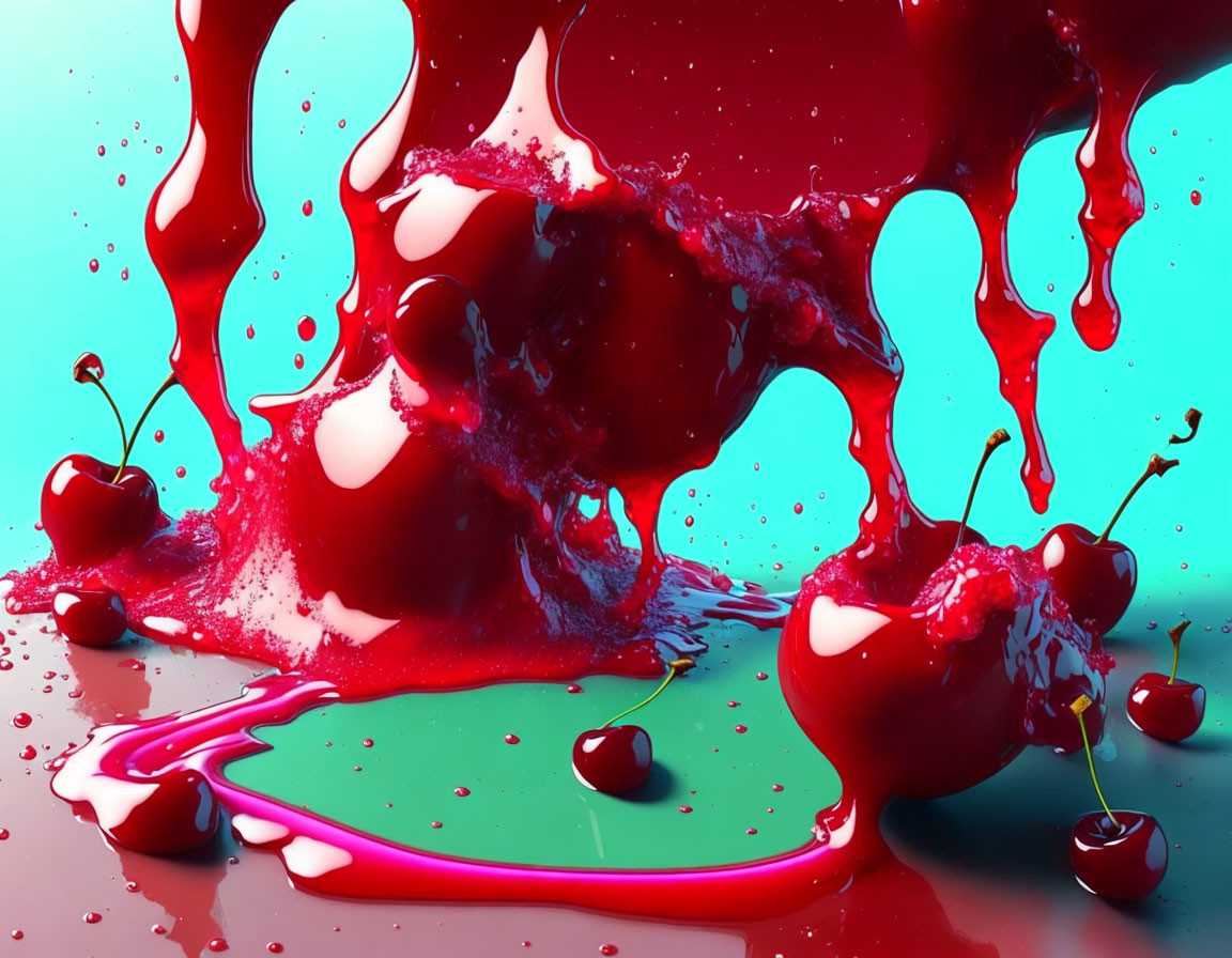 Dynamic Red Liquid Splash Surrounding Cherries on Teal Background