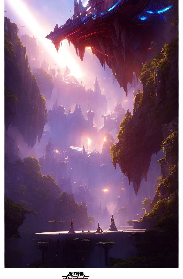 Imposing floating city above forested canyon with glowing lights