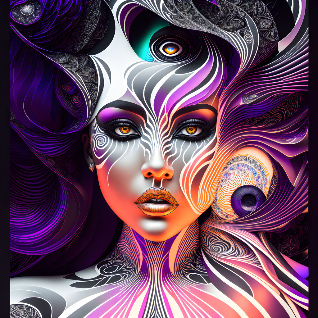 Colorful digital artwork: Woman's face with abstract patterns in purple, black, and metallic tones