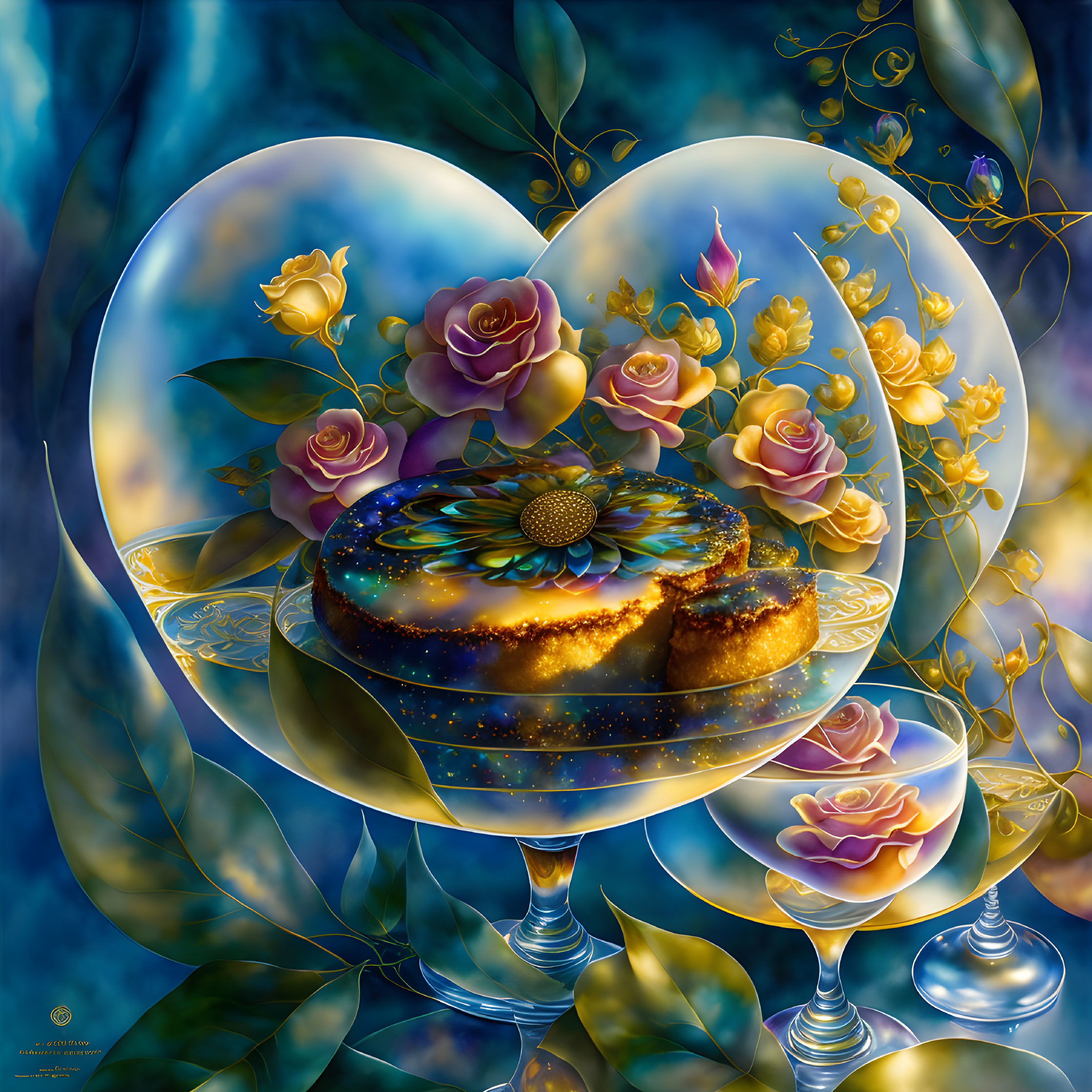 Celestial donut digital artwork with gold vines and roses on heart-shaped backdrop