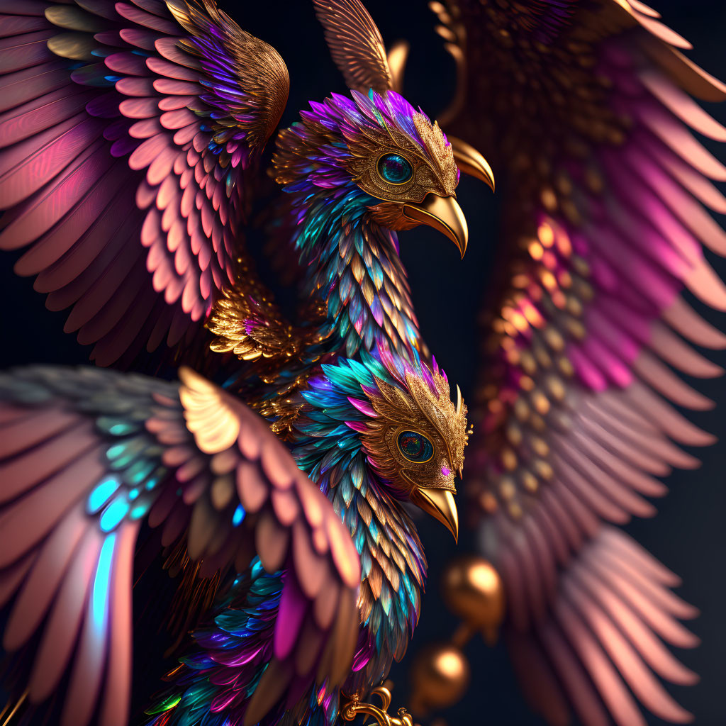 Vibrant mechanical birds with iridescent feathers in purple, pink, and gold on dark background