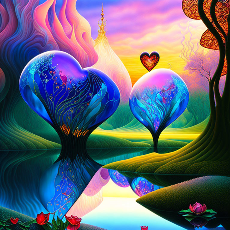 Colorful Heart-Shaped Trees in Surreal Fantasy Landscape