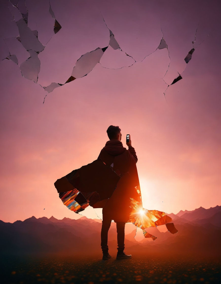 Person in Coat Capturing Surreal Sunset with Shattered Sky Over Mountains
