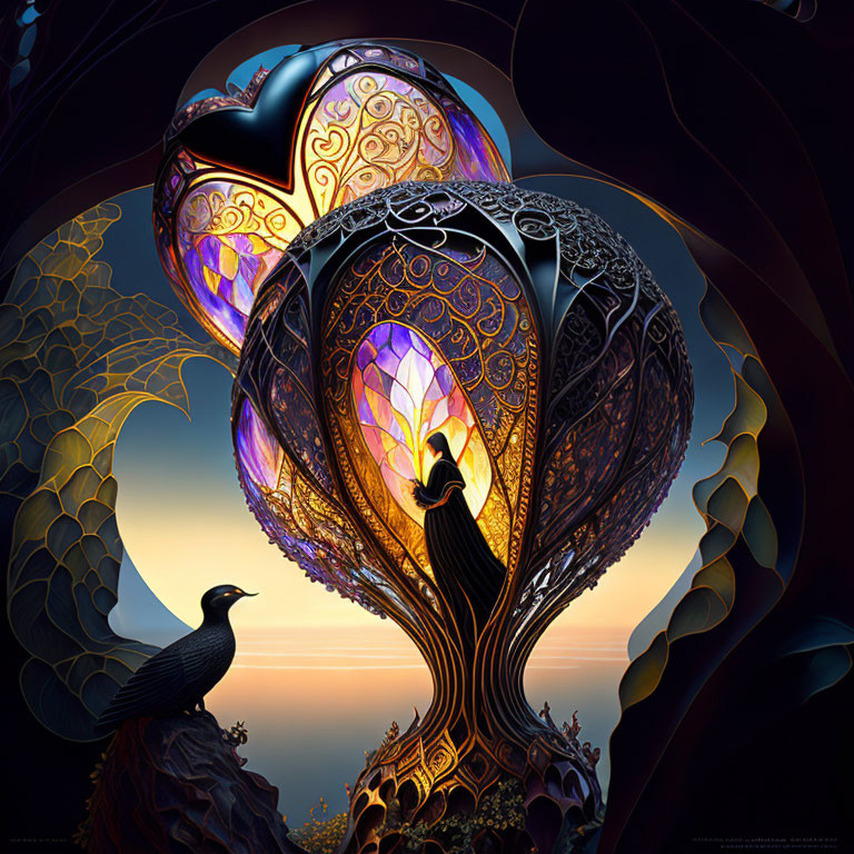 Fantastical glowing heart-shaped structure with raven in twilight landscape