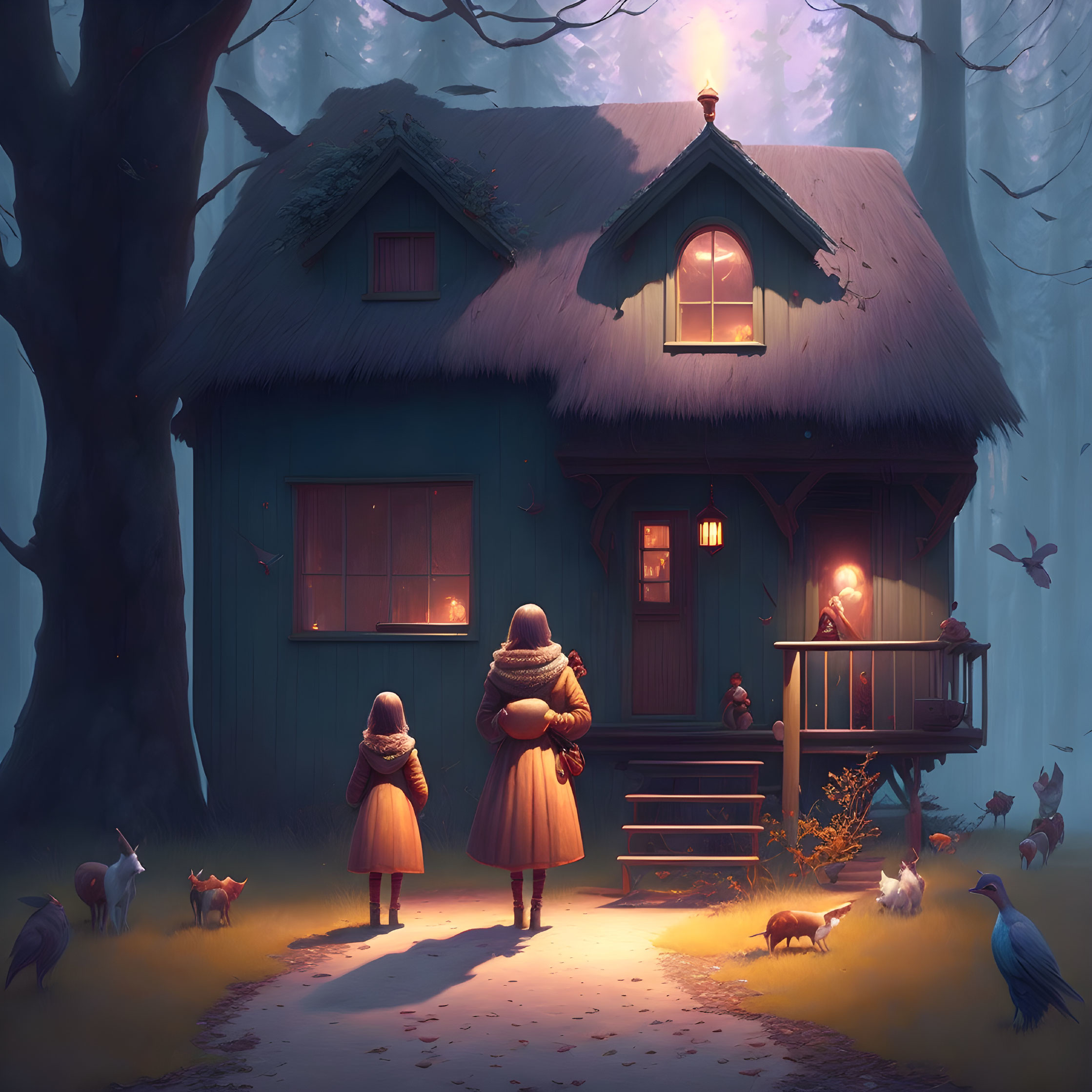 Children and cat in front of cozy cottage in twilight forest