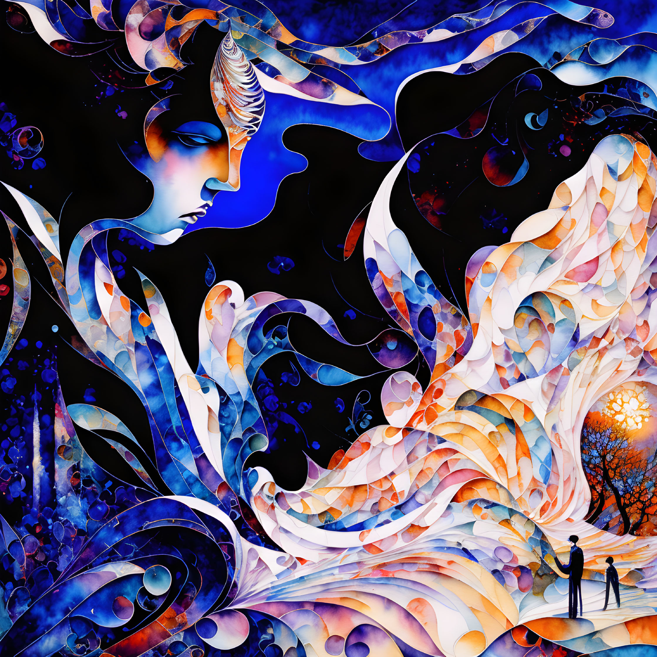 Colorful illustration of ethereal figure in whimsical landscape with flowing patterns.