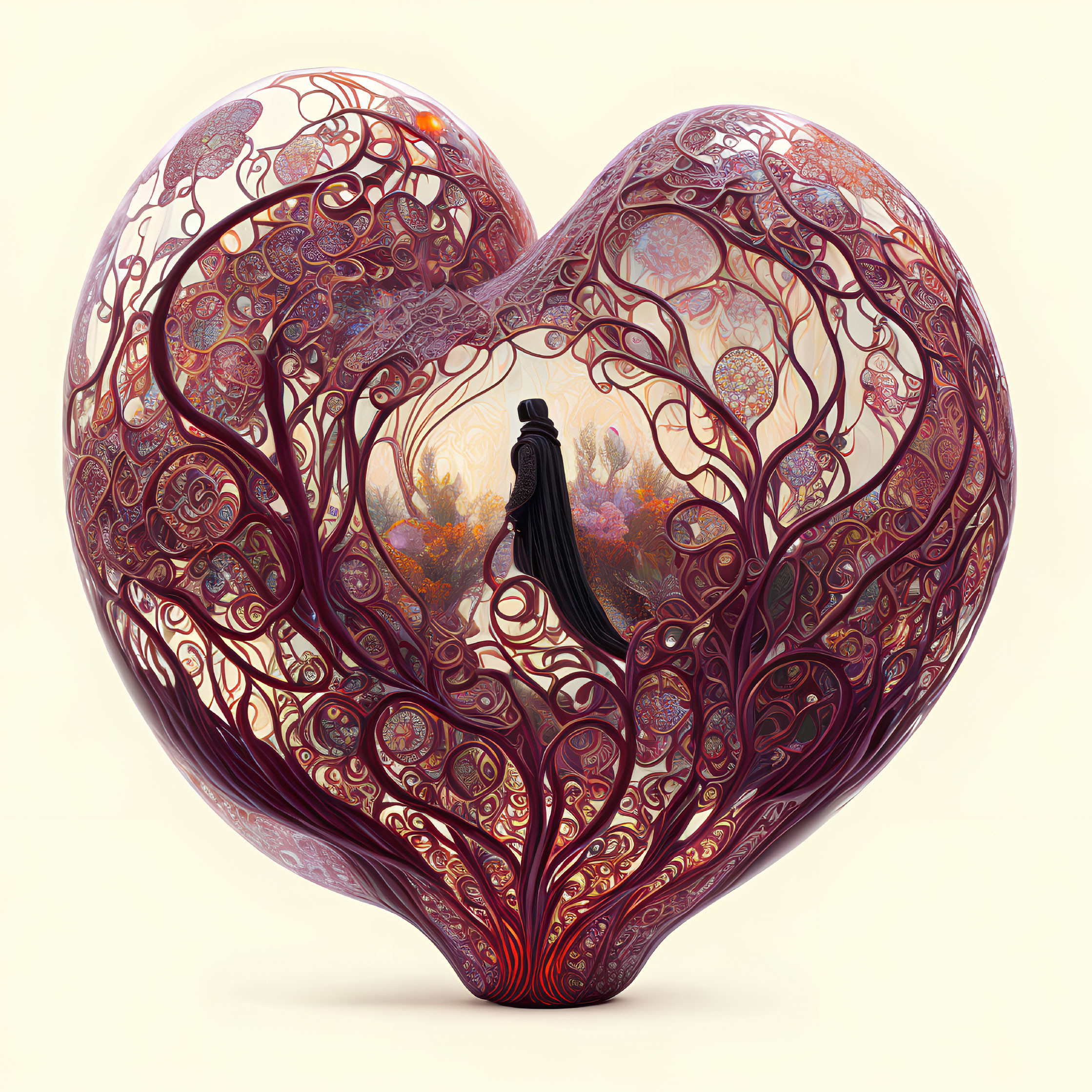 Intricate Heart-Shaped Design with Ornate Patterns and Solitary Figure
