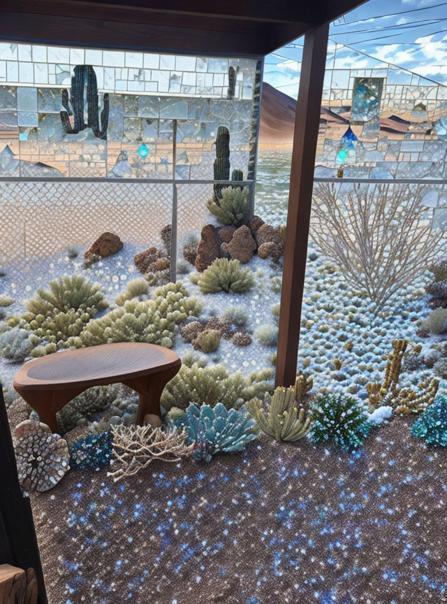 Indoor desert garden with cacti and succulents under geometric mirror ceiling