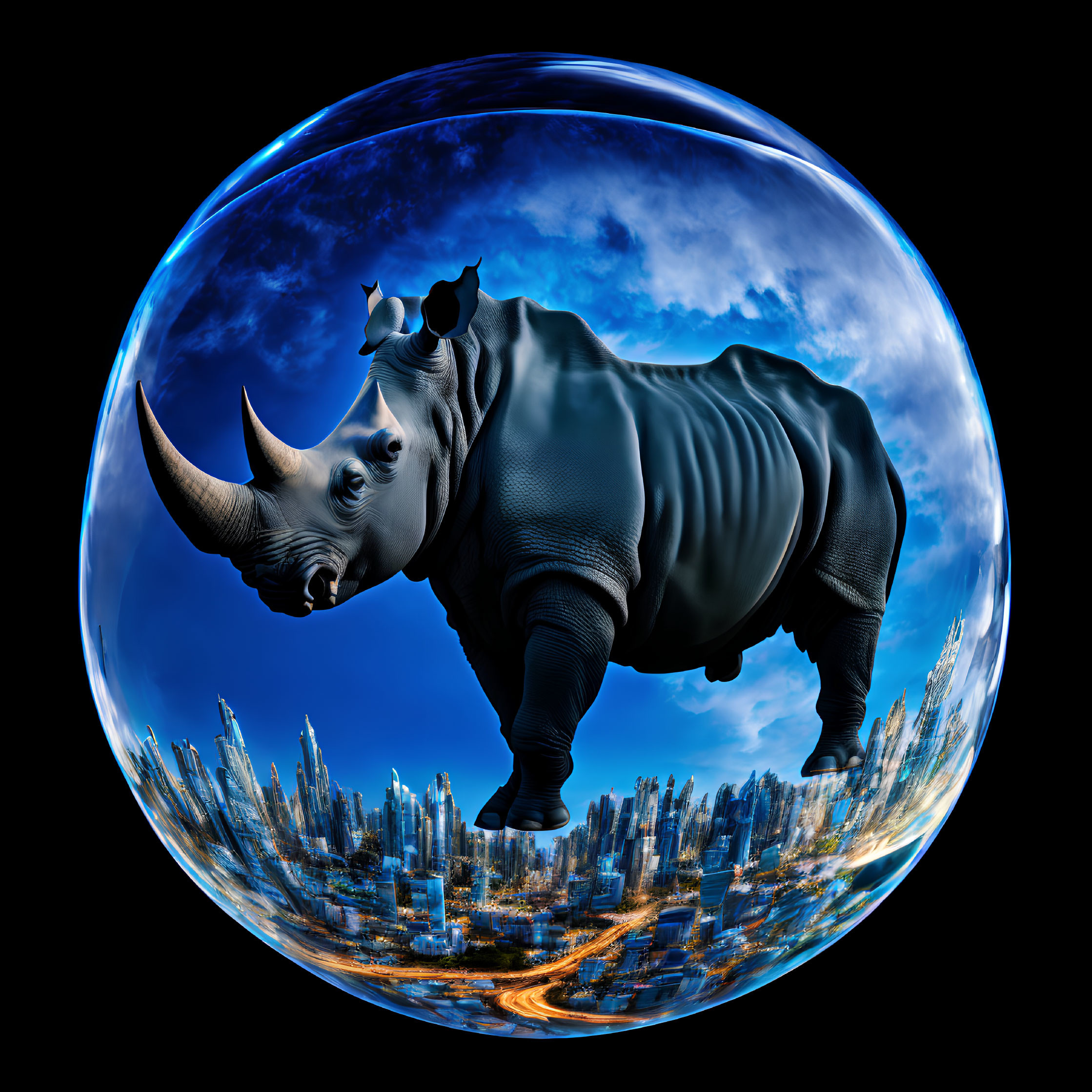 Rhinoceros in transparent sphere amidst urban skyscrapers