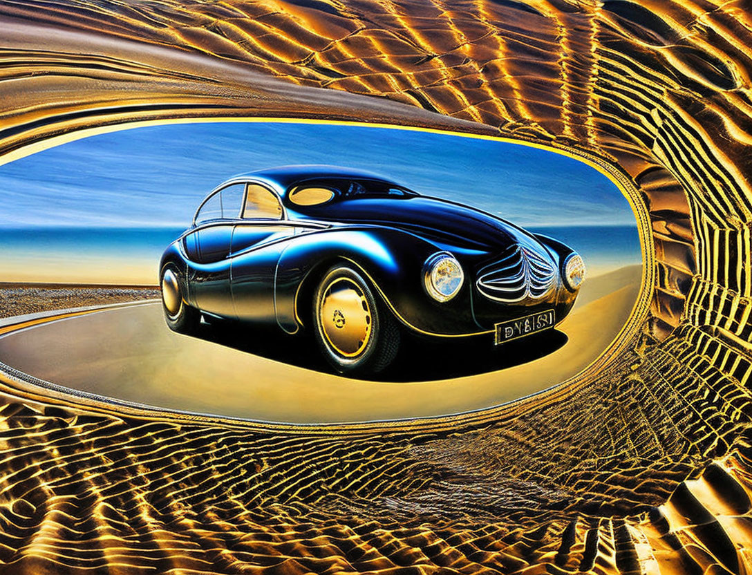 Vintage Black Car in Distorted Reflective Landscape