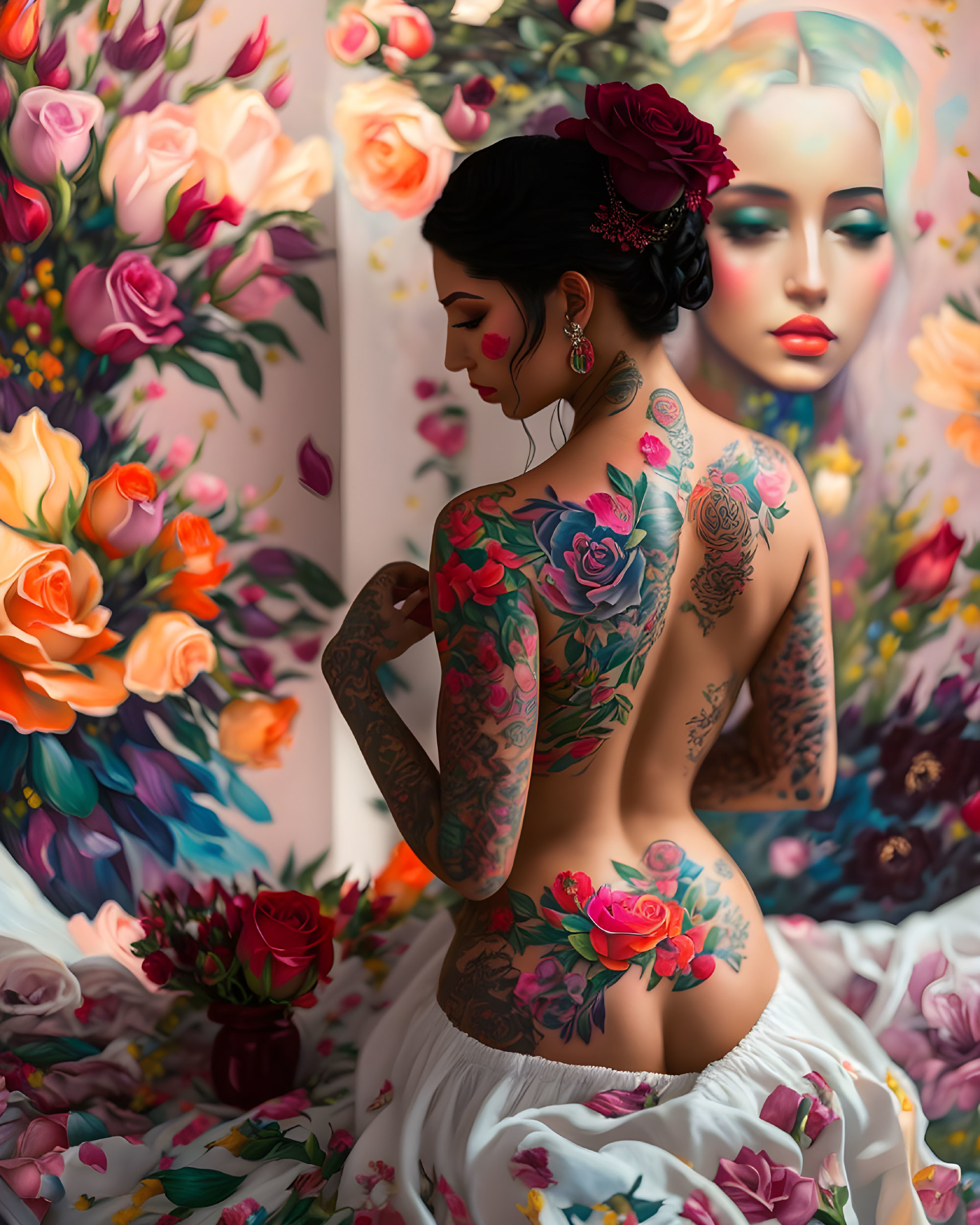 Woman with floral tattoos surrounded by vibrant flowers, exuding contemplative beauty