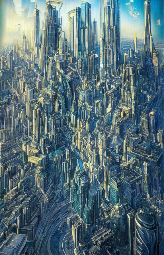 Detailed futuristic cityscape with towering skyscrapers and intricate architecture in blue tones