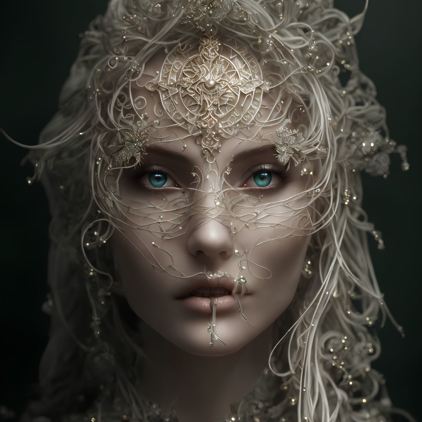 Portrait of Woman with Pale Skin and Gold Filigree Headpiece