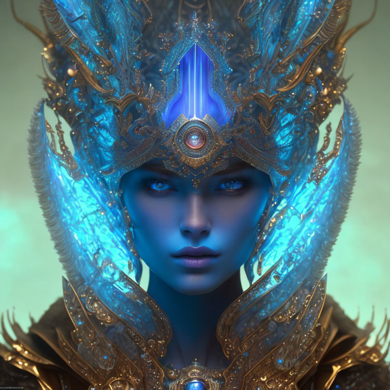 Blue-skinned figure in ornate golden headdress with glowing blue accents and gemstone