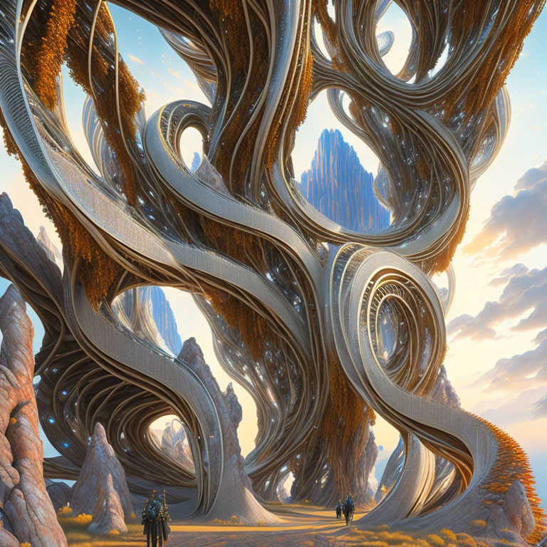 Fantastical landscape with metallic tree-like structures at sunrise