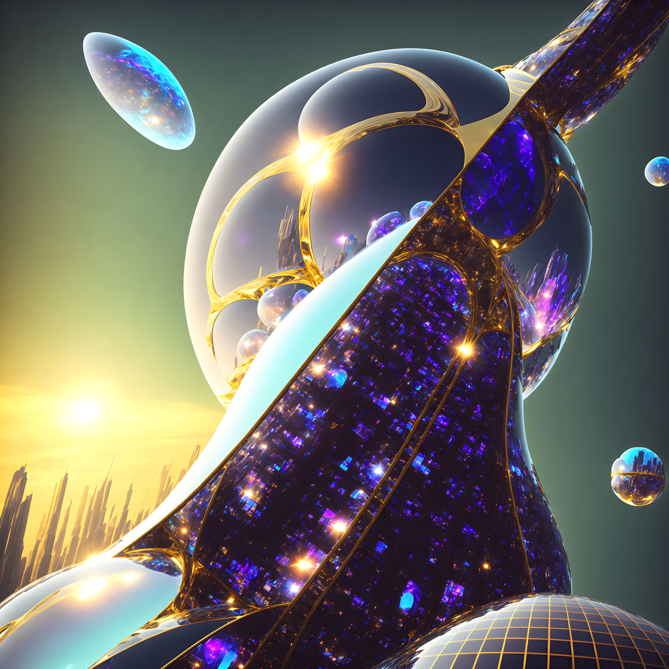 Surreal futuristic landscape with reflective spheres and golden structures