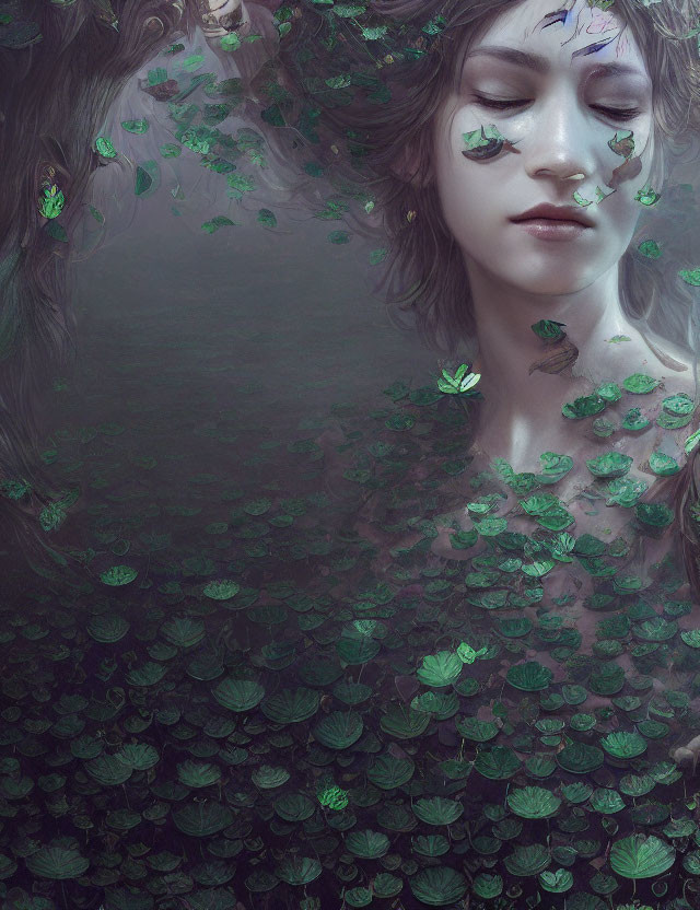 Woman blending with green leaves and butterflies in serene image