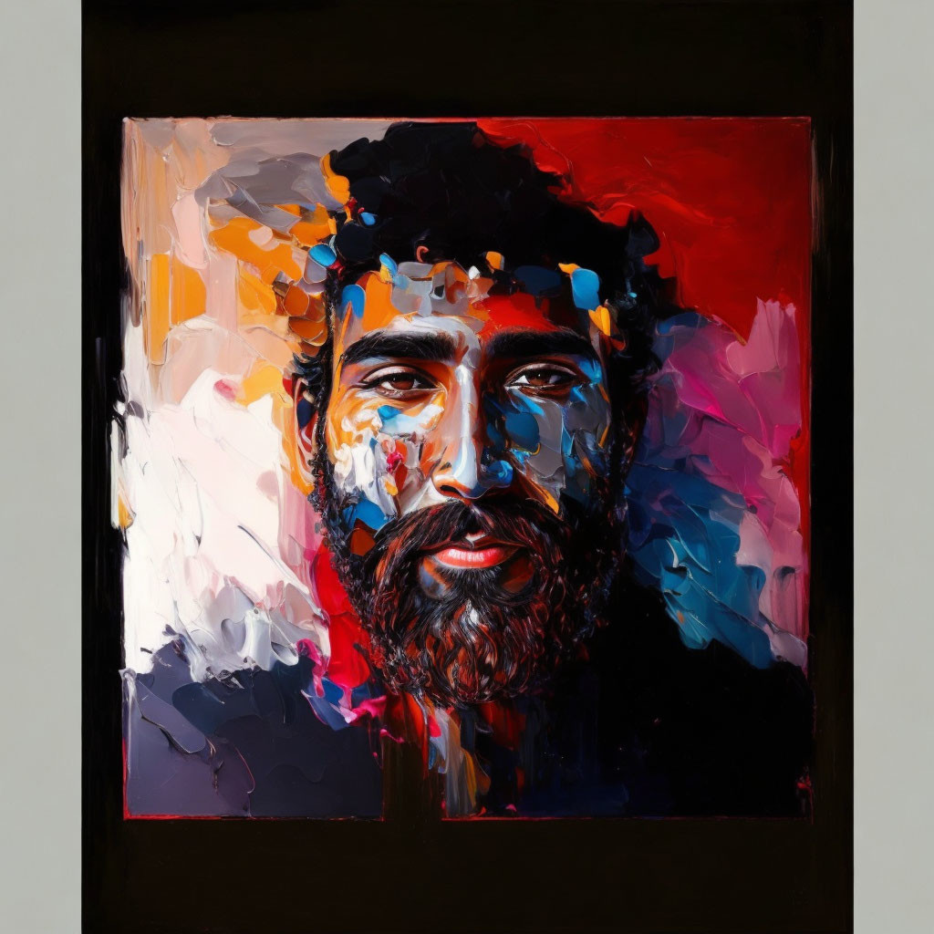 Colorful abstract portrait of a bearded man with bold brush strokes on black background