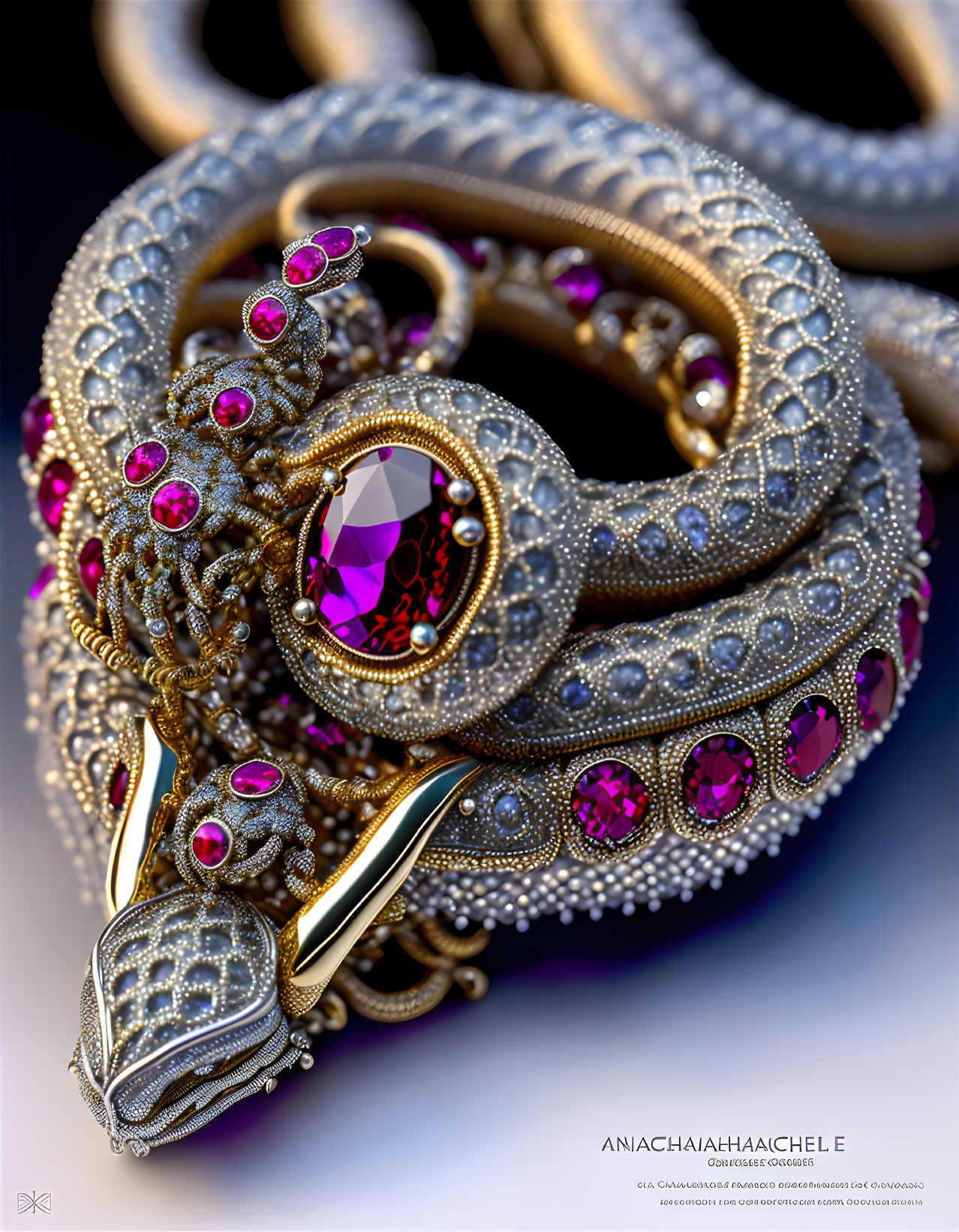 Golden Serpent-Shaped Jewelry with Diamonds and Pink Gemstones