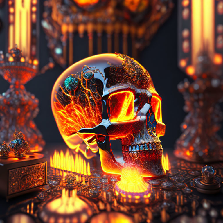 Intricate glowing neon-lit skull on ornate background