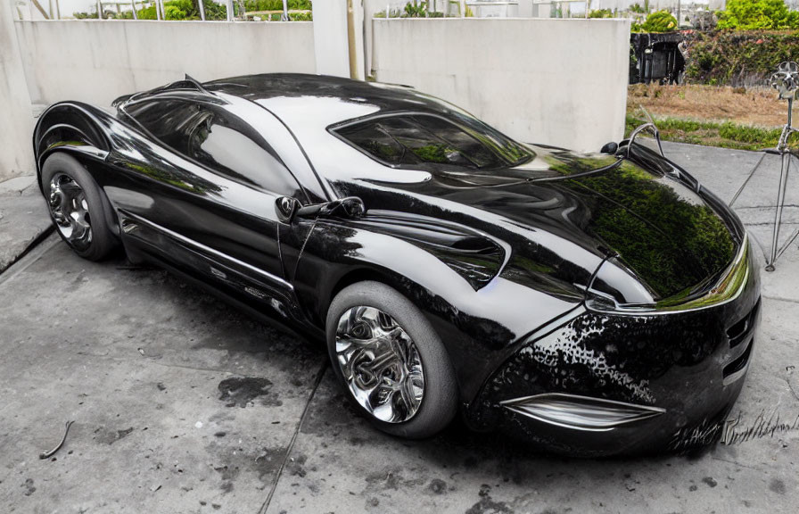 Shiny Black Sports Car with Custom Rims Parked on Concrete