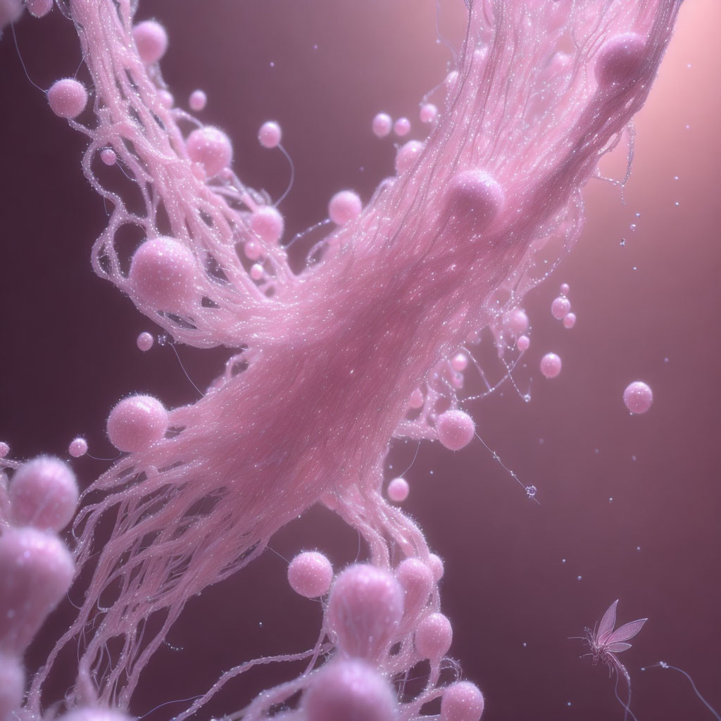 Pink neuron with dendrites and synapses in a surreal digital illustration