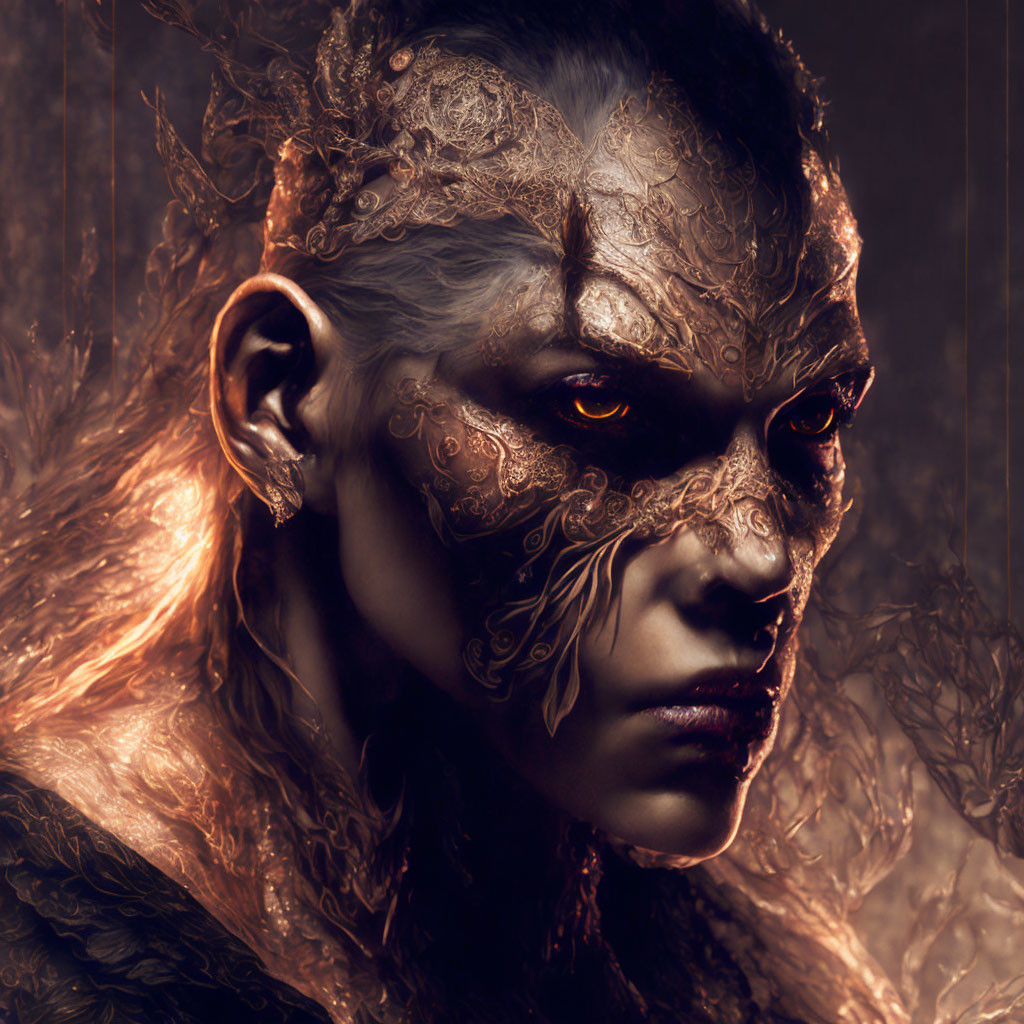 Fantasy-themed image of person with gold and bronze patterns, orange eyes, and fiery hair