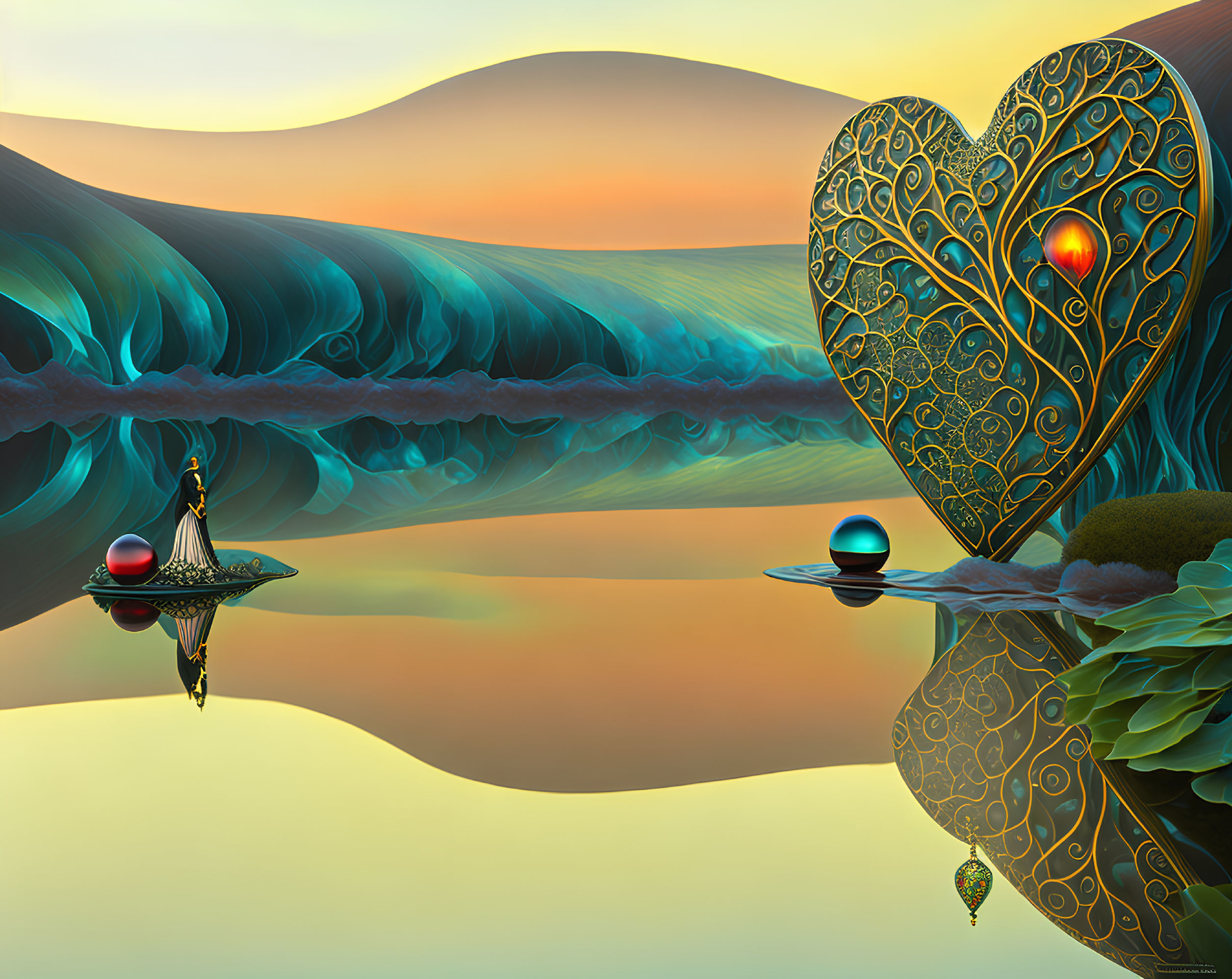 Surreal landscape with reflective waves and heart-shaped structure