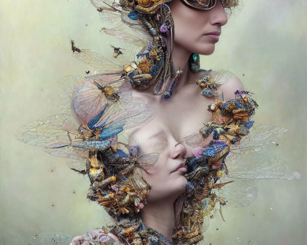 Surreal portrait featuring individuals with insects, jewelry, and wings