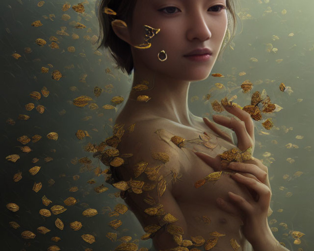 Woman adorned with golden leaves in thoughtful pose on muted green backdrop