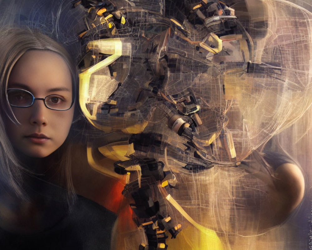 Digital artwork: Young woman with glasses merging with abstract golden mechanical elements