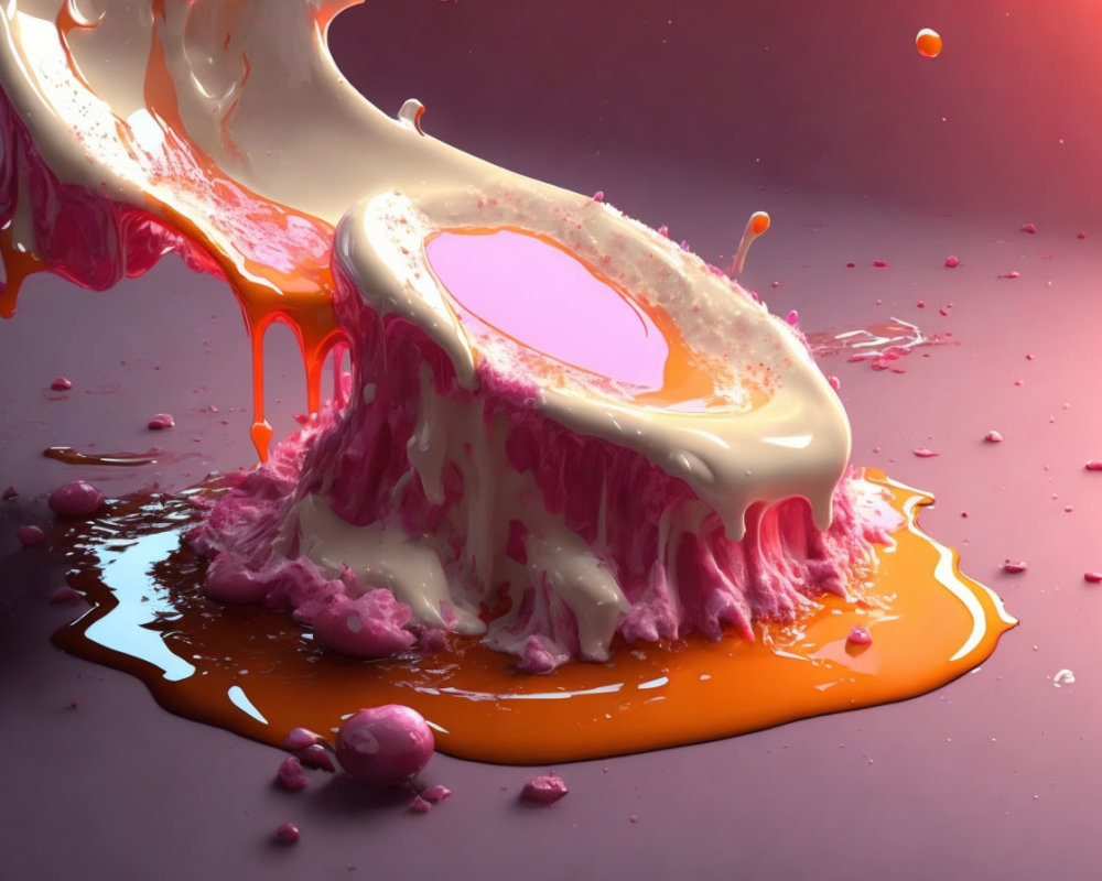 Vibrant pink and orange liquid splashes merging in artistic display