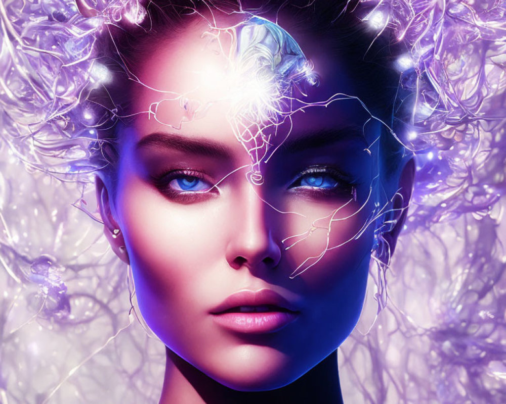 Digital art portrait featuring woman with glowing purple energy and light effects.