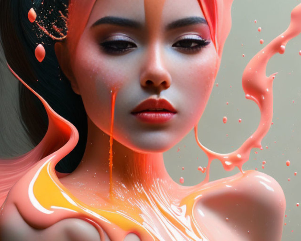 Surreal digital artwork featuring woman with orange liquid splash