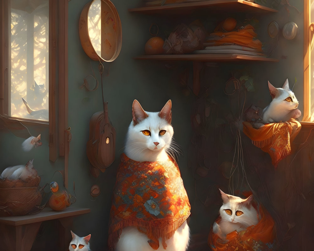 Sunlit Room with Serene Cats and One Wearing Orange Scarf