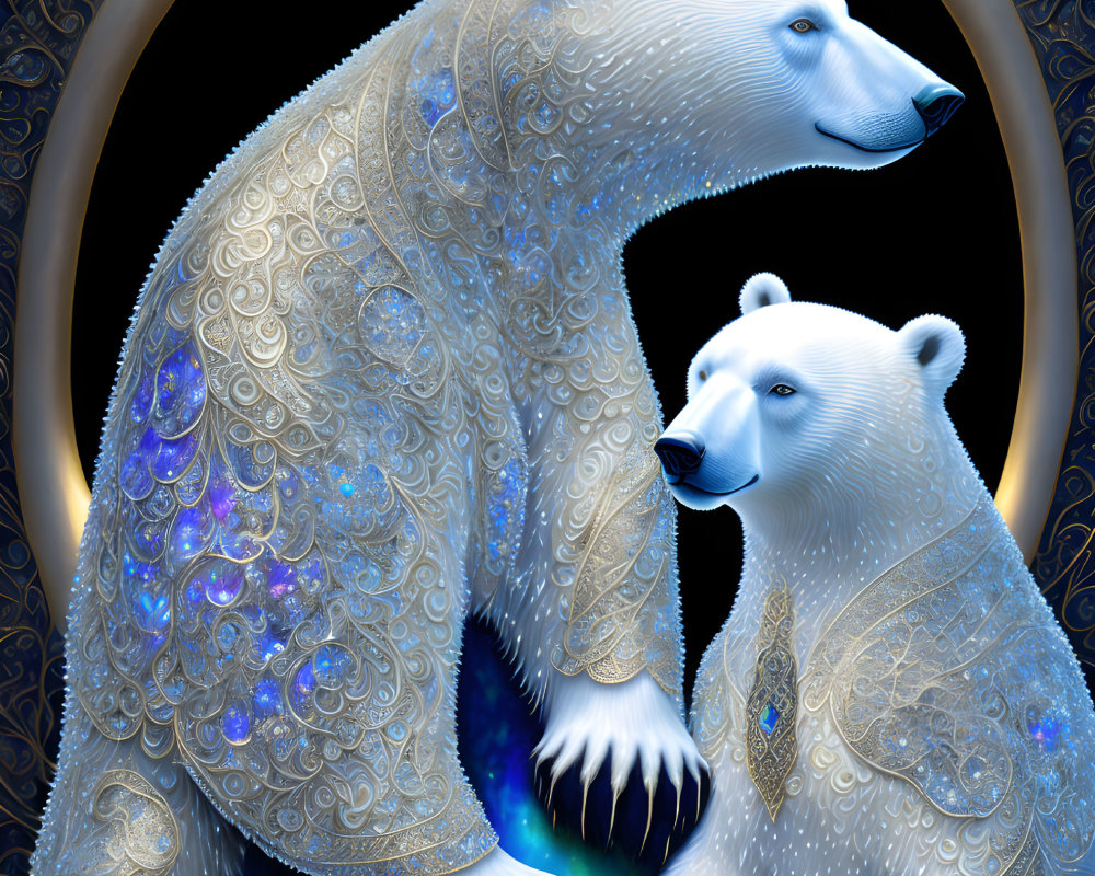 Ornate polar bears adorned with jewels on cosmic background