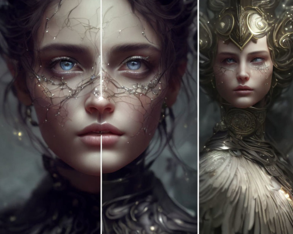 Fantasy Female Character Triptych with Intricate Facial Markings and Ornate Armor