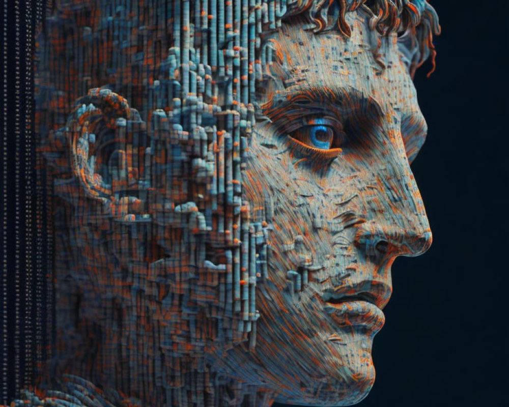 Fragmented 3D male bust with vibrant blue and orange design