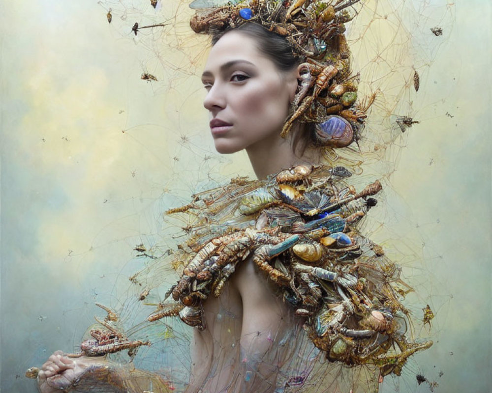 Surreal portrait: Woman with natural elements headdress and attire.