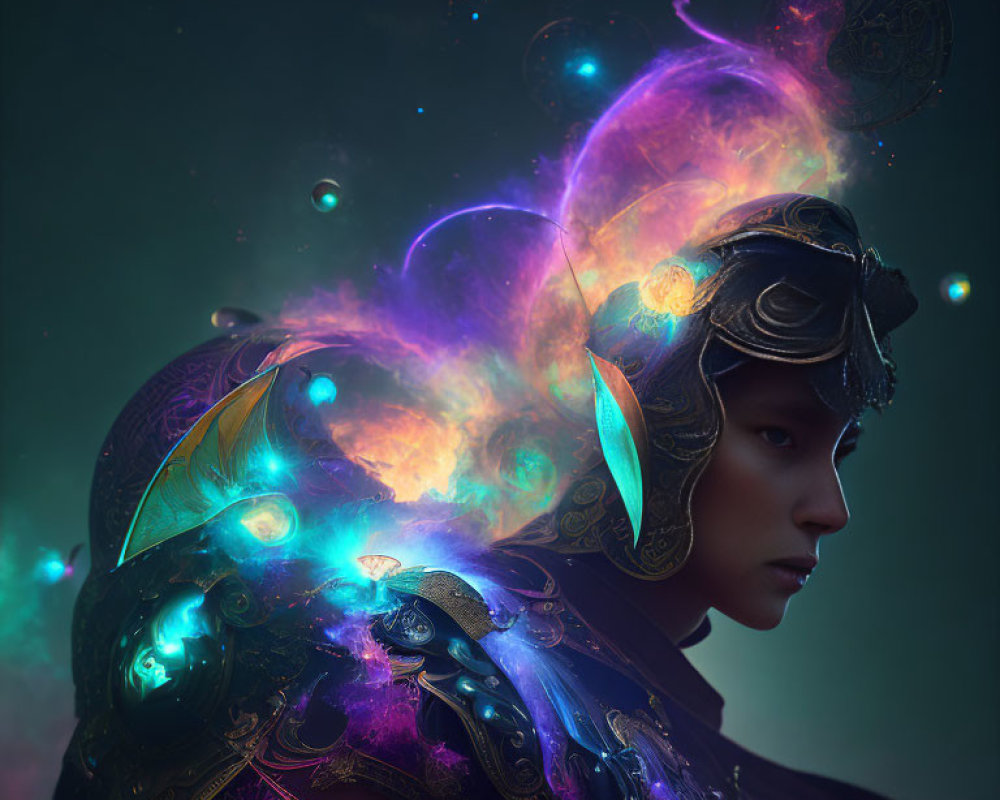 Cosmic-themed digital artwork with vibrant colors and ornate armor