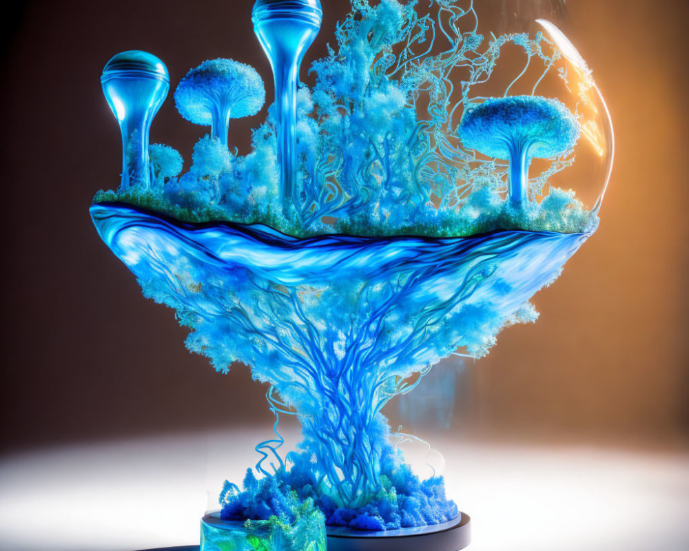 Colorful Blue Tree-Like Structure in Glass Bowl Resembling Underwater Ecosystem