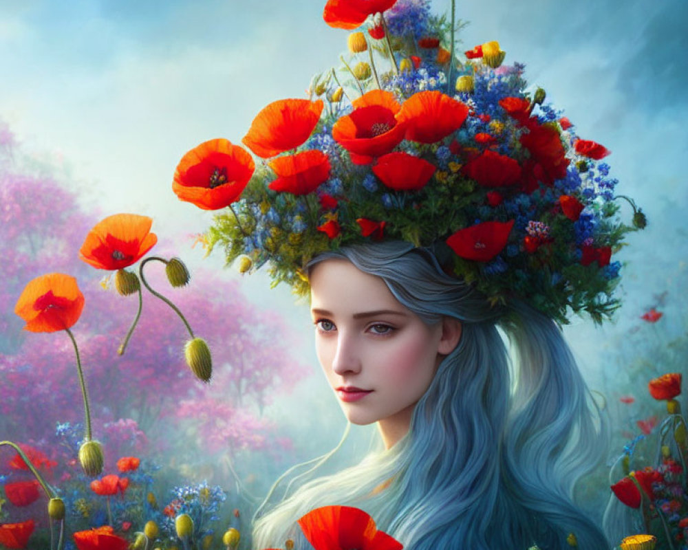 Woman with Blue Hair and Floral Crown on Soft Background