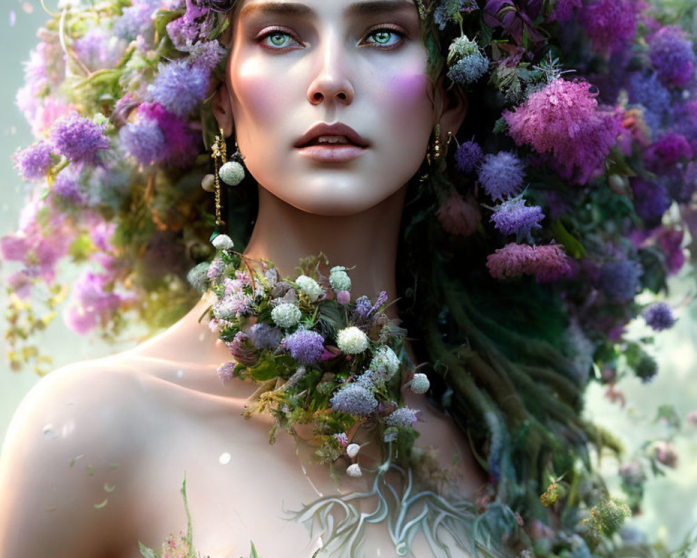 Portrait of woman with floral headdress and intricate jewelry and patterns