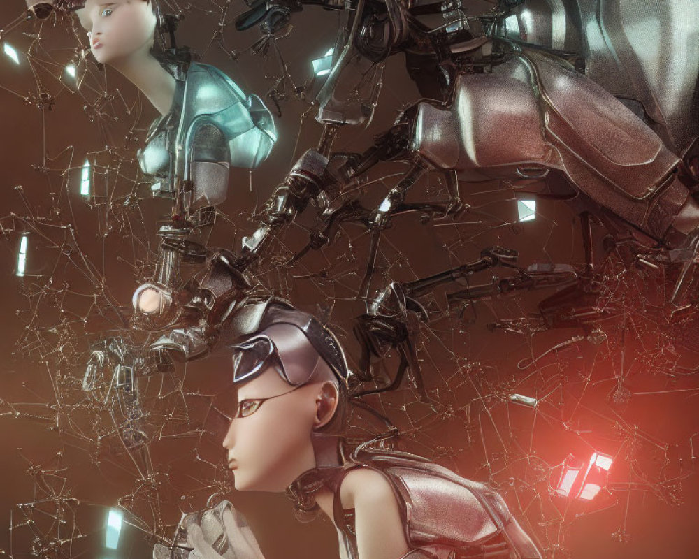 Intricate humanoid robots with glowing elements on geometric backdrop