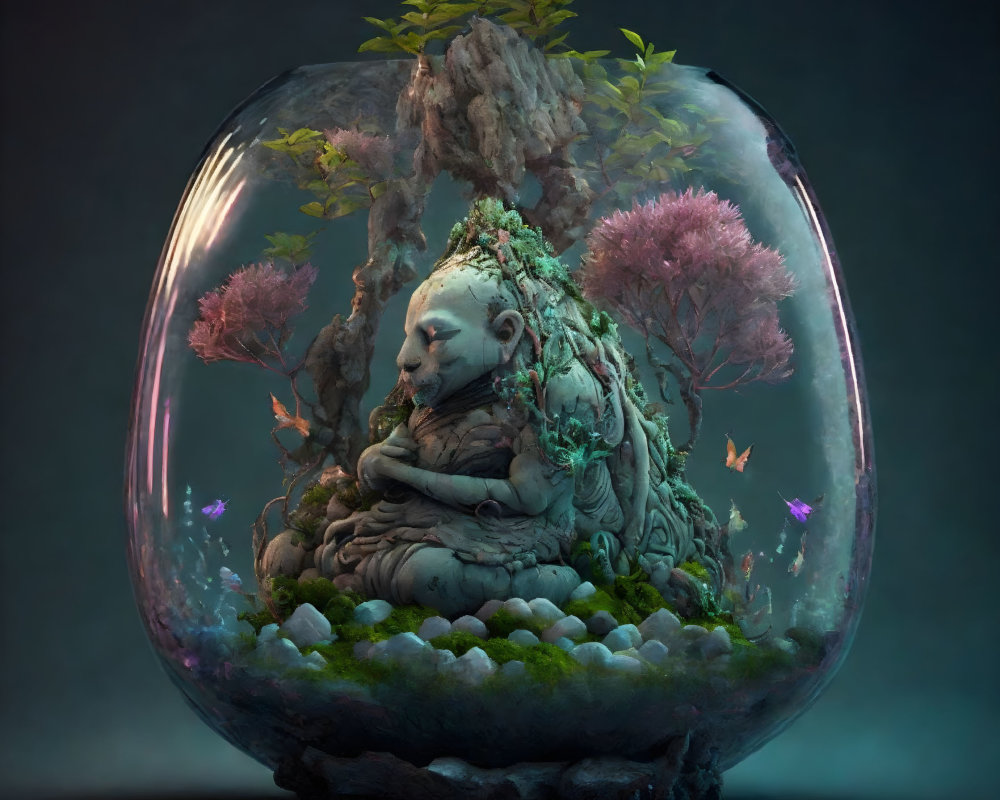 Tranquil terrarium with Buddha statue, pink trees, and floating butterflies